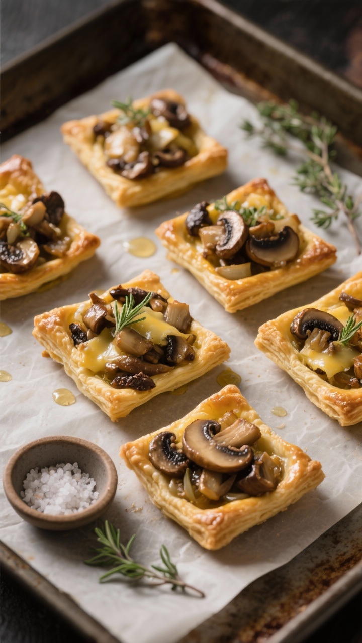 Overhead shot of golden mini truffle mushroom tartlets on a parchment-lined baking sheet: all-butter puff pastry baked into small squares with deeply sautéed mixed mushrooms (cremini, shiitake, oyster) and minced shallots, glossy from butter and olive oil, finished with melted Gruyère and a sprinkle of fresh thyme leaves; a small dish of flaky sea salt and a thyme sprig for styling, warm moody lighting, crisp flaky layers and umami mushroom texture in sharp focus, no people.