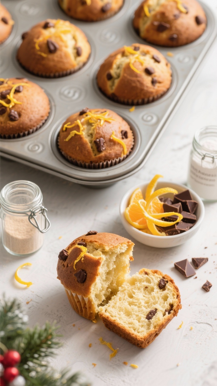 Overhead shot of lazy baker’s panettone muffins cooling in a tin: domed tops studded with citrus zest and chocolate bits; include a small bowl with orange and lemon zest curls, chocolate chunks, and open jars of baking powder and baking soda; a split muffin revealing tender, airy crumb; bright, cheerful holiday styling with neutral backdrop.