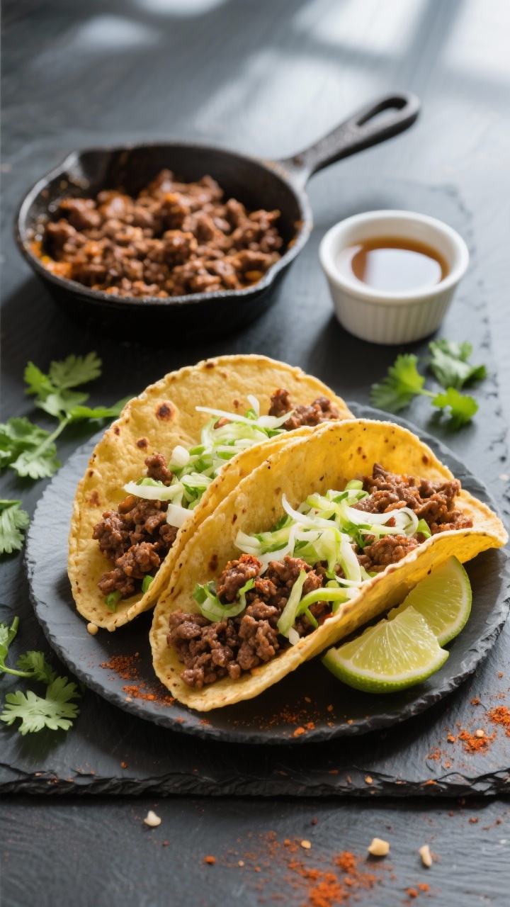 9 Leftover Ground Beef Dinners Ready in Under 20 Minutes You’ll Crave Overhead shot of lightning-quick beef tacos: warm corn tortillas filled with seasoned cooked ground beef (chili powder, cumin, smoked paprika, garlic powder, salt), topped with zesty lime slaw and fresh lime wedges; a small skillet with the spiced beef and a ramekin of water/beef broth nearby, cilantro scatter, vibrant colors on a matte dark slate surface, crisp textures, natural window light, no people.