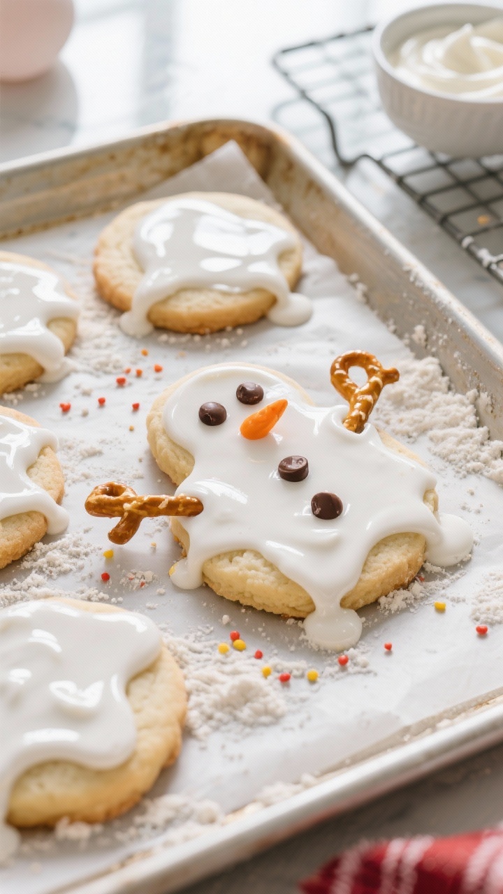 Overhead shot of Melted Snowman Sugar Cookies on a parchment-lined baking sheet: soft sugar cookies made from all-purpose flour, baking powder, baking soda, fine salt, unsalted butter, granulated sugar, and an egg, iced with glossy white icing puddles to look “melted,” decorated with mini chocolate chips for eyes and buttons, an orange sprinkle nose, and pretzel-stick arms; playful drips, scattered flour dust, a small bowl of royal icing, and a cooling rack in the background; bright, kid-friendly holiday mood, soft natural window light, crisp details.