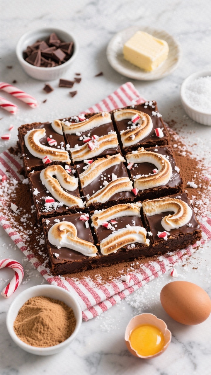 Overhead shot of Peppermint Hot Cocoa Brownies with a snowy marshmallow swirl: glossy semisweet chocolate brownies cut into squares, thick ribbons of toasted marshmallow swirl on top, crushed peppermint candy sprinkled like snow, a dusting of cocoa powder at the edges. Include visible ingredients around the scene: chopped semisweet chocolate, sticks of unsalted butter, granulated and light brown sugar in small bowls, and two cracked eggs with an extra yolk on a marble surface. Cozy holiday styling with a red-and-white striped napkin, soft winter light, no people.