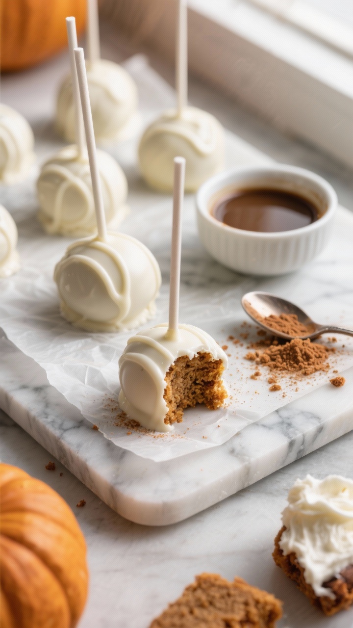 Overhead shot of Pumpkin Spice Latte cake pops on a parchment-lined marble slab: round pops dipped in glossy white chocolate with a delicate white chocolate drizzle, dusted lightly with pumpkin pie spice. Include a small bowl of instant espresso dissolved in hot water, a spoon with espresso powder, crumbs of baked spice cake, and a dollop of cream cheese frosting nearby. Warm autumn palette, soft diffused window light, shallow depth of field emphasizing the latte-spiced cake interior visible in one bitten pop, no people.