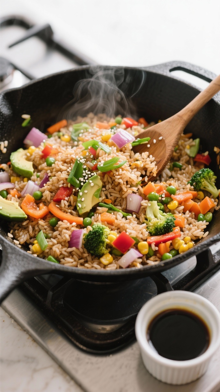 Healthy and Delicious Leftover Recipes for the Whole Family You’ll Make on Repeat Overhead shot of Rainbow Fried Rice in a wide black carbon-steel skillet on a gas burner, steam rising: cold day-old brown or jasmine rice tossed with diced onion, chopped leftover veggies like carrots, bell peppers, broccoli, peas, and corn, glistening in avocado oil; vibrant rainbow colors with light soy sheen, scattered green onion and sesame seeds; a wooden spatula mid-stir, a small dish of avocado oil and a ramekin of soy sauce at the edge; bright, clean kitchen light, crisp textures, no people.