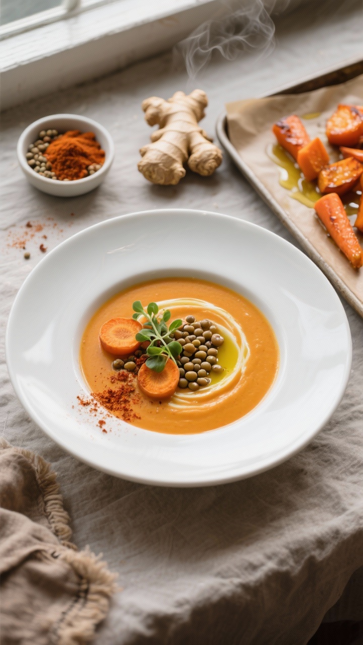 Overhead shot of Roasted Carrot, Lentil & Ginger soup in a matte white shallow bowl: silky orange puree with visible swirl of olive oil, sprinkle of ground cumin and smoked paprika, roasted carrot coins and lentils as garnish, microgreens and cracked pepper on top. Surrounding props: a small dish of smoked paprika, cumin seeds, a knobby piece of fresh ginger, roasted carrot chunks on a parchment-lined tray glistening with olive oil. Warm, cozy fall mood, soft window light, rustic linen, steam subtly rising, professional styling.