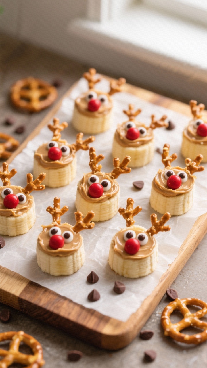 Overhead shot of Rudolph peanut butter banana bites arranged in neat rows on a parchment-lined wooden board: 1/2-inch banana rounds topped with a dollop of creamy peanut butter, mini chocolate chips as eyes and red mini M&M noses, and small pretzel pieces broken into antler shapes. Warm, festive styling with a few scattered pretzels and chocolate chips, soft window light, shallow depth of field, no people.