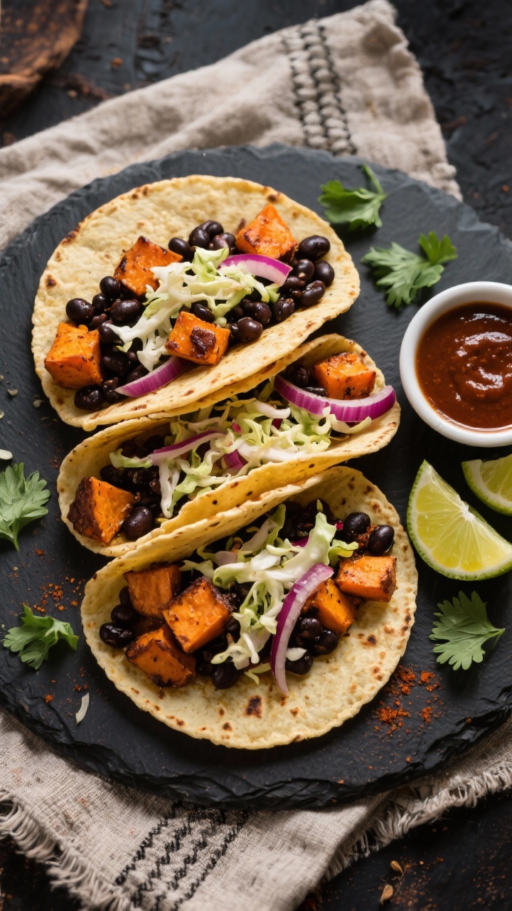 Overhead shot of smoky chipotle black bean and sweet potato tacos: warm corn tortillas filled with roasted diced sweet potatoes tossed in olive oil, smoked paprika, cumin, chili powder, and kosher salt, mixed with glossy black beans; topped with crunchy slaw of shredded cabbage and thin red onion, lime wedges on the side, a small bowl of chipotle sauce, scattered cilantro; styled on a dark slate with a rustic linen for a vibrant, smoky, high-contrast look.