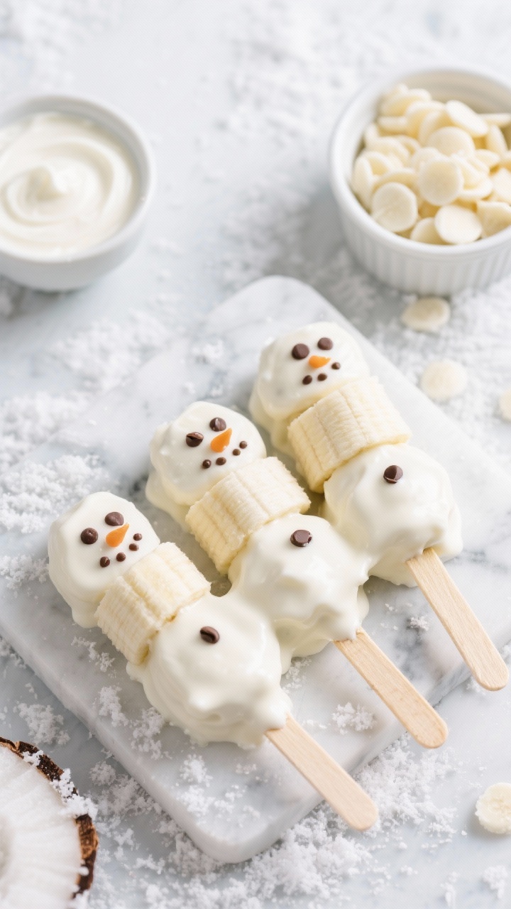 Overhead shot of Snowman Banana Pops assembled off the stick: thick banana rounds stacked into mini snowmen on a parchment-lined marble slab, smoothly coated in vanilla yogurt mixed with melted white chocolate for a firmer snowy sheen, tiny chocolate chip eyes and buttons, a dot of yogurt as “glue,” and short wooden craft sticks placed beside them (not inserted) to emphasize the no-stick presentation; cool winter palette with scattered coconut “snow,” a small bowl of vanilla yogurt, and a ramekin of white chocolate chips in frame; bright, soft light for a frosty, appetizing look.