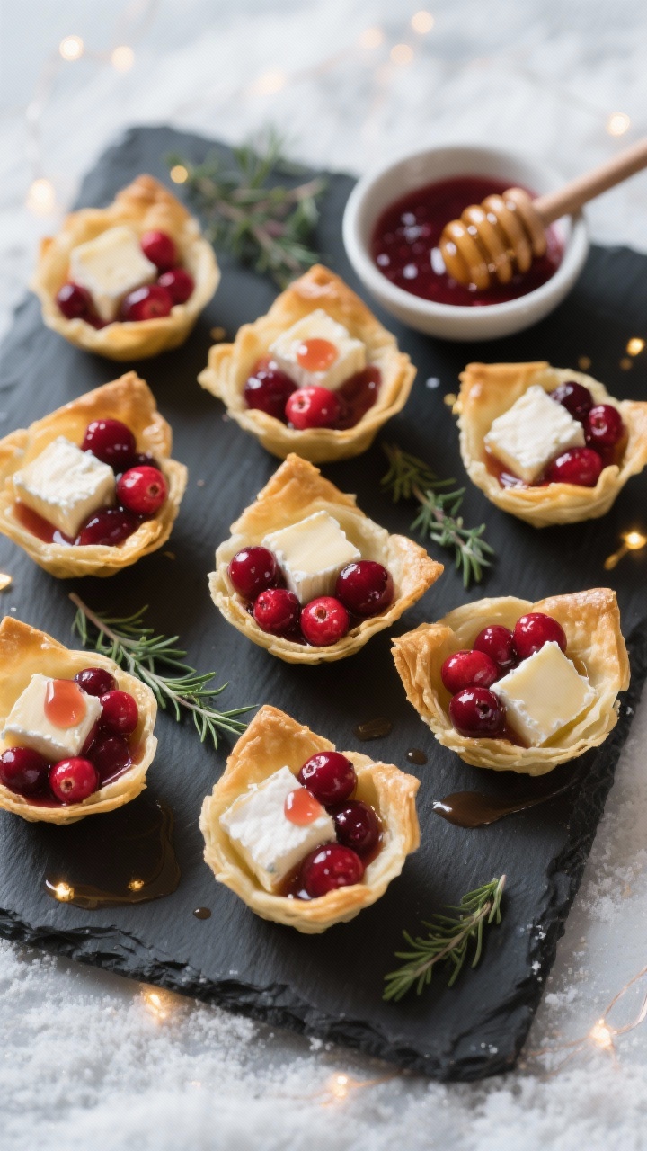 Overhead shot of sparkling cranberry Brie phyllo bites arranged on a dark slate tray, each mini phyllo cup filled with a cube of chilled Brie under a glossy whole cranberry sauce, finished with a honey-thyme drizzle and a few fresh thyme leaves scattered. Golden, flaky phyllo contrasts with ruby cranberries and creamy off-white Brie; honey glistens like festive lights. Styling includes a small bowl of cranberry sauce, a honey dipper with droplets, and a sprig of thyme; cool wintery mood, soft side lighting for shine, shallow depth for appetizing texture, no people.