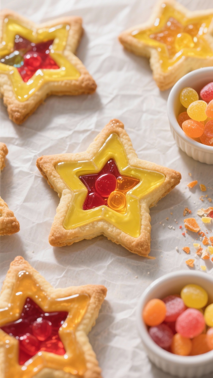 Overhead shot of Stained Glass Star cookies on parchment, each large star with smaller star cutouts filled with melted hard candy “windows” in lemon yellow, cherry red, and orange; light shining through the translucent centers casting colorful reflections; a small pile of crushed hard candies sorted by color in ramekins; crisp, golden cookie edges with glossy citrus-glazed sheen around the windows.