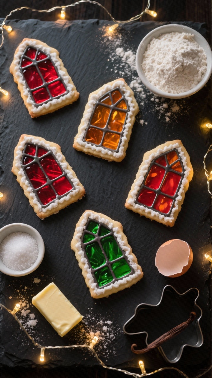 Overhead shot of Stained-Glass Window Sugar Cookies catching twinkle tree lights: crisp sugar cookie frames with translucent jewel-toned centers made from melted hard candy, arranged on a dark slate under warm fairy lights. Visible ingredients styled around the cookies: small bowls of all-purpose flour, granulated sugar, baking powder, fine sea salt, a stick of softened unsalted butter, one cracked egg, vanilla extract, and cookie cutters. Emphasize glossy candy panes glowing with reds, ambers, and greens, sharp cookie edges, light dusting of flour on the surface, festive yet minimal styling, no people, professional food styling and contrast.