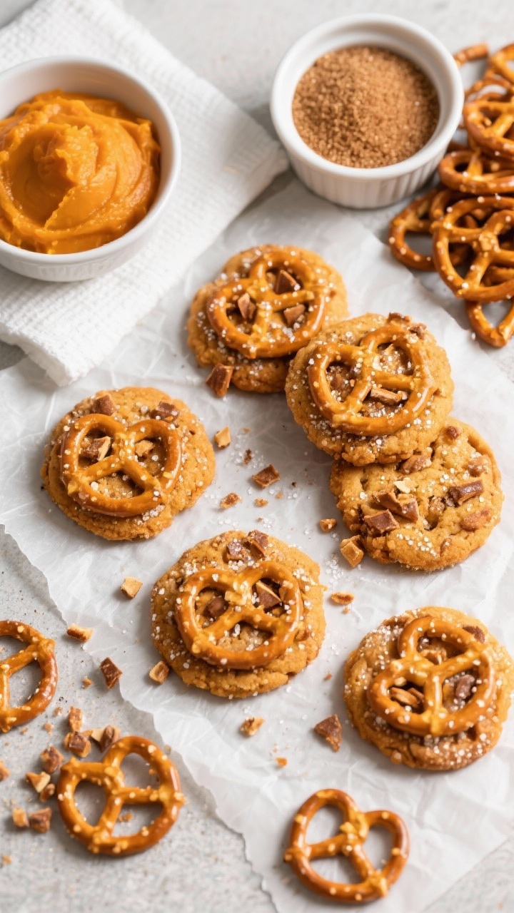Overhead shot of sweet and salty pumpkin spice pretzel cookies on parchment, studded with crushed pretzel pieces, pumpkin-orange hue, sugar sparkle on top; a small bowl of pumpkin puree (blotted on paper towel), brown and granulated sugar in ramekins, and a pile of mini pretzels nearby.