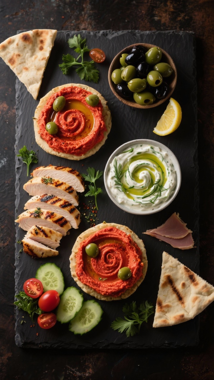 Overhead shot of “The Evergreen Mediterranean Glow Board” arranged on a dark slate board: twin swirls of roasted red pepper hummus and classic hummus each topped with olive oil and paprika/za’atar, a creamy bowl of tzatziki with cucumber ribbons and dill, thin slices of grilled chicken breast with char marks, neat folds of herbed nitrate-free turkey, and a glossy mix of green and black olives; include lemon wedges, sprigs of parsley, warm pita triangles, and crisp cucumber and cherry tomato accents for Mediterranean vibrance; moody side lighting for creamy dips, grill texture, and olive sheen; no people.