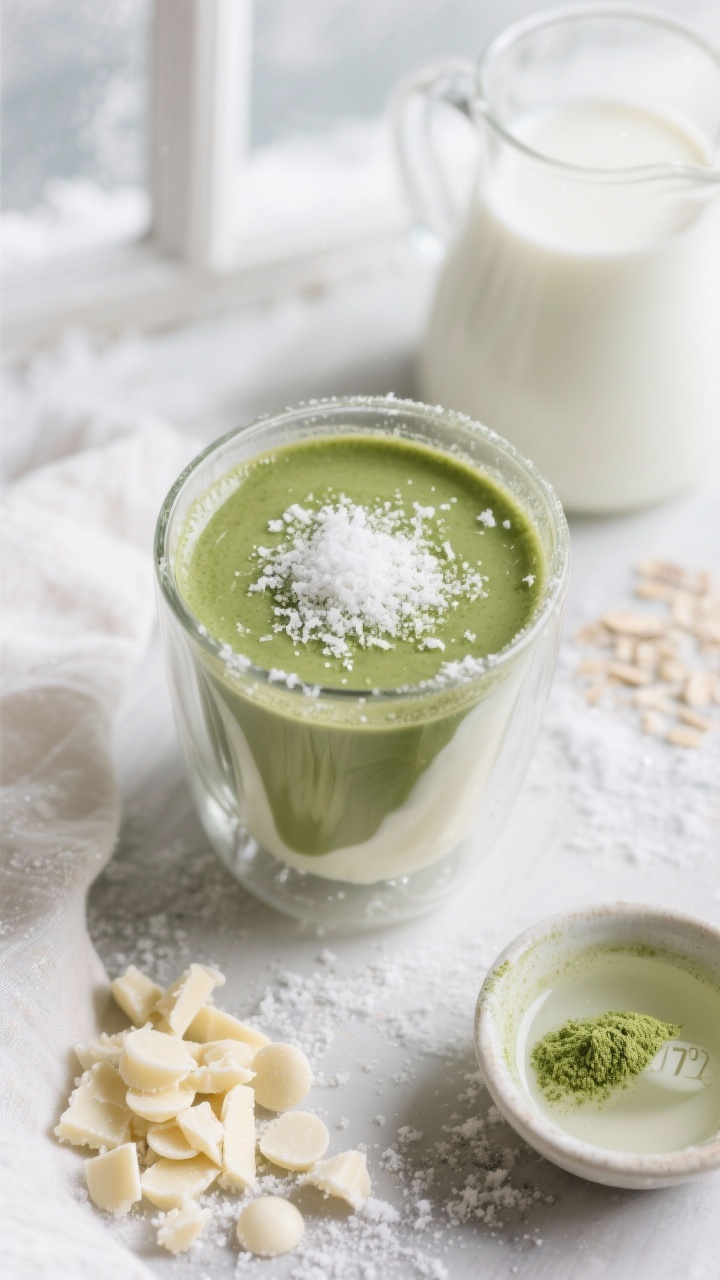 Overhead shot of the White Chocolate Snowfall Matcha in a double-wall glass: rich jade matcha folded with melted white chocolate for a glossy, silky surface, topped with a light “snowfall” of finely grated white chocolate; include a pile of finely chopped white chocolate or white chocolate chips, a small bowl with 1 tsp matcha and 2 tbsp 175°F water, and a pitcher of milk (whole, barista oat, or 50/50 milk-cream mix); cool winter styling with pale linens, soft natural window light, clean highlights, minimal props.