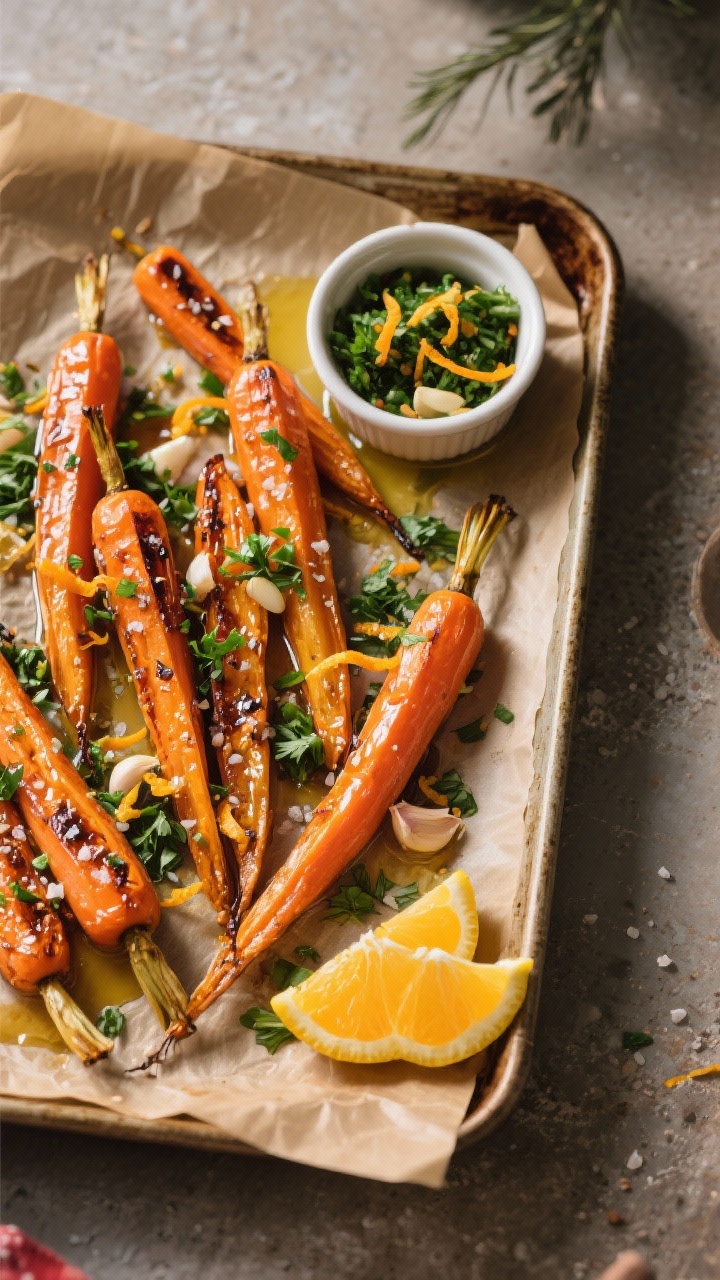 Overhead shot of Zesty Roasted Carrots with citrus-herb gremolata: caramelized carrot batons cut on a bias, glistening with extra-virgin olive oil, kosher salt, black pepper, and a light maple syrup sheen; sprinkled with vibrant gremolata of finely chopped parsley, lemon zest, orange zest, and minced garlic. Styled on a warm, parchment-lined sheet pan with a small ramekin of leftover gremolata and citrus halves nearby, on a matte stone surface. Emphasize glossy roasted edges, bright citrus oils, and fresh herb texture; moody holiday ambience with natural side light.
