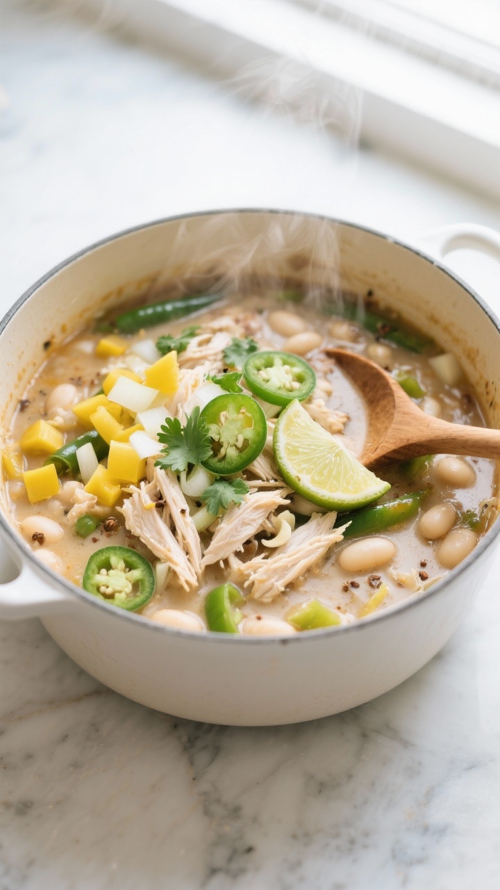 Overhead shot, one-pot weeknight white chicken chili simmering in a matte white Dutch oven on a light marble surface: diced yellow onion, poblano, and minced jalapeño visible among tender shredded chicken and creamy broth made without dairy; flecks of cumin and garlic, white beans peeking through; garnished with cilantro, thin jalapeño slices, and a squeeze of lime; a wooden spoon resting on the pot rim; soft steam rising; natural window light for a clean, cozy weeknight vibe.