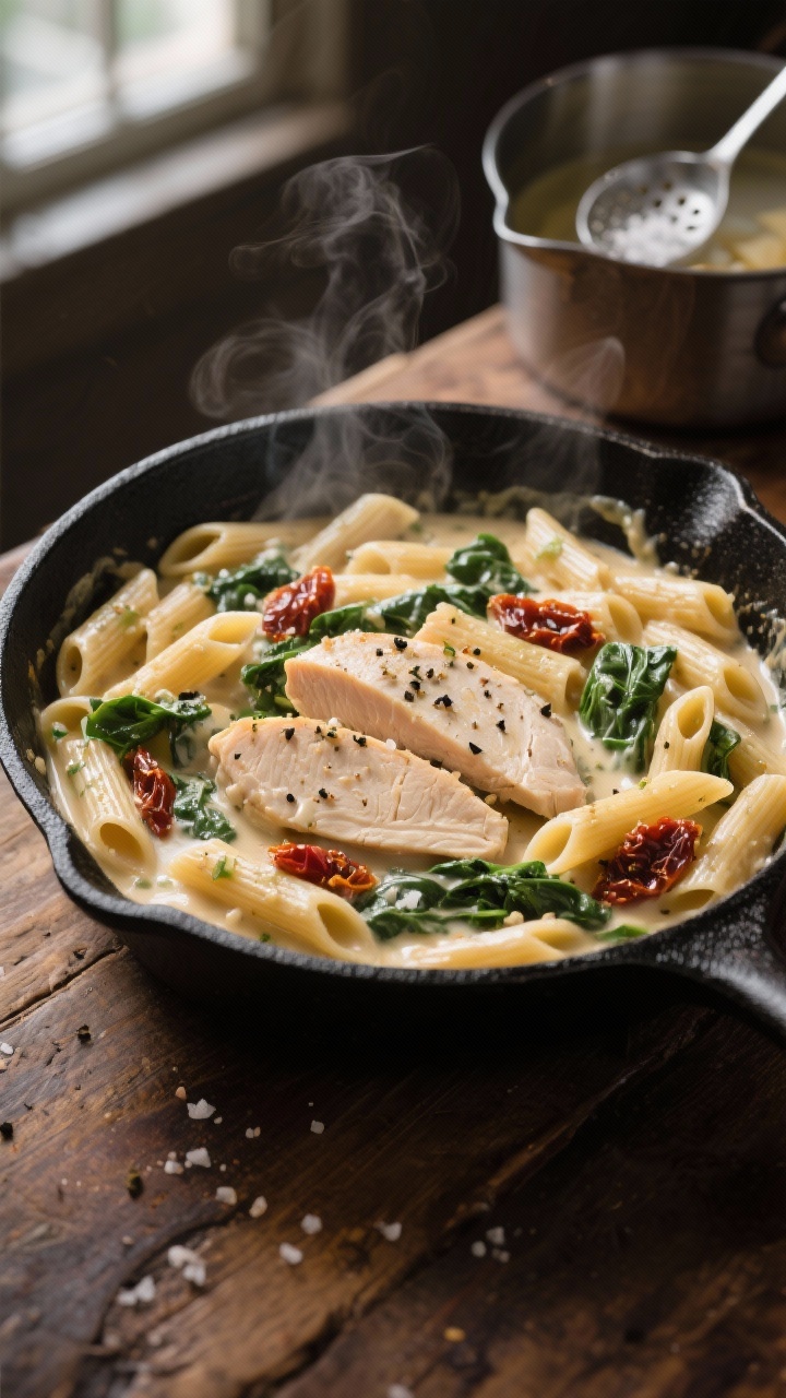 Overhead skillet scene: a large black cast-iron skillet filled with creamy Tuscan chicken pasta on a warm wooden surface, short pasta like penne nestled with thinly sliced boneless skinless chicken breasts, flecks of Italian seasoning, visible kosher salt crystals, and a light shower of cracked black pepper; silky cream sauce clinging to ridges, sun-dried tomato pieces and wilted spinach for color, steam rising; a pot of salted pasta water and a slotted spoon in the background, moody, family-friendly weeknight vibe, natural window light, no people.