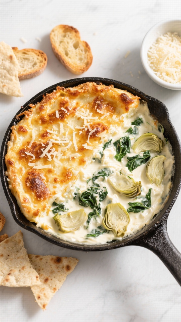 Overhead skillet shot of ultra-creamy spinach and artichoke dip with a golden Parmesan-mozzarella crust: a black cast-iron skillet filled with a rich blend of softened cream cheese, sour cream, and mayonnaise folded with chopped artichoke hearts and spinach. The top is blistered and browned from divided mozzarella and grated Parmesan, with extra Parmesan shavings sprinkled. Place crostini and pita chips around the skillet, a small bowl of extra grated Parmesan on the side. Emphasize the contrast between the browned, crunchy top and the velvety interior. Bright, clean light, minimal props, no people.