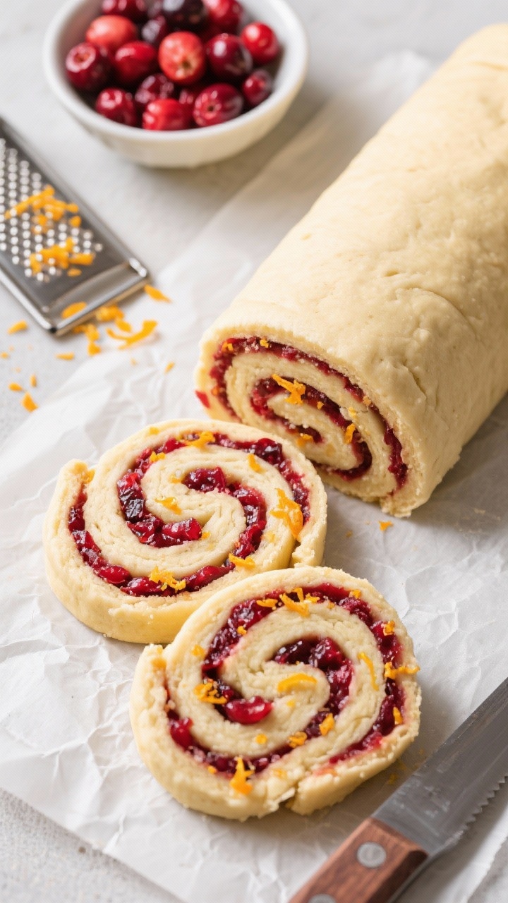 Overhead spiral composition of cranberry orange pinwheel cookies showcasing tight red cranberry filling spirals and flecks of orange zest in the dough; props: microplane with orange zest, a small bowl of chopped cranberries, and a parchment roll of dough partially sliced with a chef’s knife.