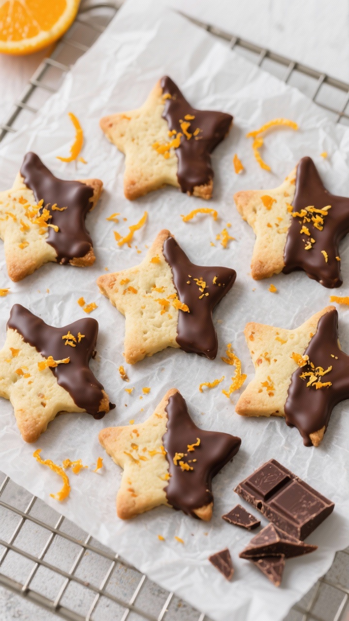 Overhead star arrangement of chocolate-dipped orange shortbread cookies: crisp star-shaped shortbread with visible orange zest flecks, half-dipped in dark chocolate and sprinkled lightly; scattered strips of fresh orange zest and a bar of chopped chocolate included, placed on parchment over a cooling rack.