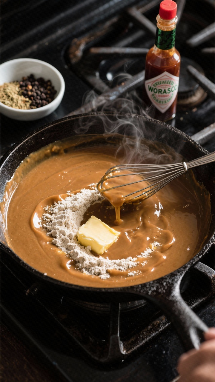 Overhead stovetop process shot of no-fuss skillet gravy: a heavy saucepan with a glossy brown roux (unsalted butter and flour) being whisked smooth as warmed turkey/chicken stock is streamed in. A tiny splash bottle labeled soy sauce/Worcestershire nearby, a pinch bowl of poultry seasoning and black pepper. Steam visible, velvety nappe consistency coating the back of a spoon on a dark cooktop for contrast.