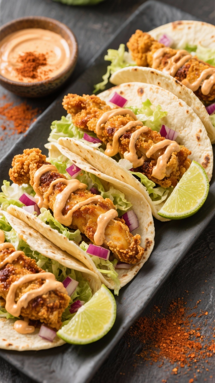 Overhead taco spread: crispy chicken pieces (cornstarch-coated, chili powder, cumin, smoked paprika) tucked into warm tortillas, topped with chipotle-lime crema drizzles, shredded lettuce, diced red onion, and lime wedges on the side; golden, craggy chicken texture emphasized; small bowl of crema and chili powder dusting in frame, vibrant street-taco energy.