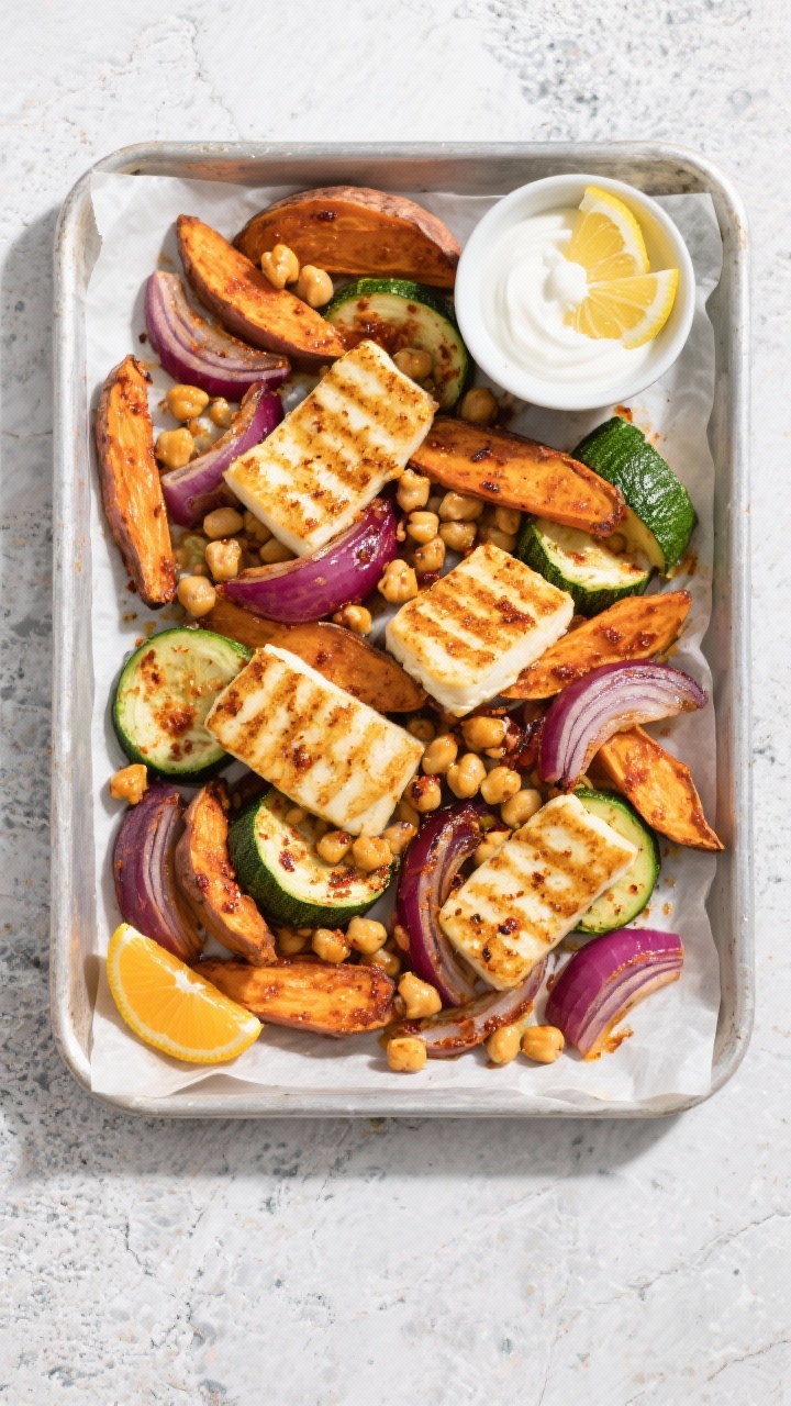 Healthy One-pan Meals for a Stress-free Week You’ll Actually Crave Overhead traybake of harissa sweet potato and halloumi: caramelized 1/2-inch sweet potato wedges, red onion wedges, zucchini half-moons, and chickpeas tossed in harissa, topped with golden seared halloumi slices; served with a small side bowl of lemon yogurt and lemon wedges; vibrant oranges, greens, and creamy whites, crispy edges emphasized, parchment-lined tray on a stone surface, clean, modern styling, no hands.