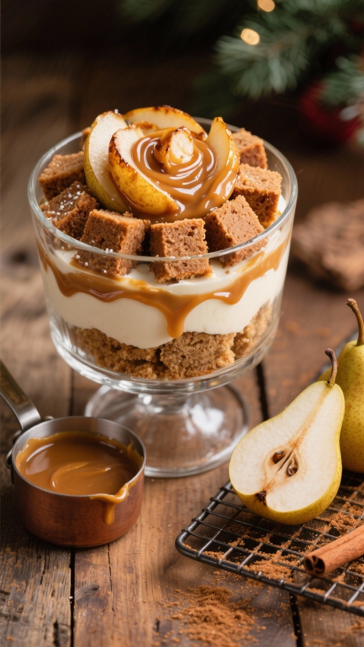 Overhead trifle assembly shot: a clear trifle bowl showing distinct layers—1-inch cubes of gingerbread cake, sautéed spiced pears (peeled slices caramelized in butter, brown sugar, cinnamon) glistening, a swirl of salted caramel ribboning between layers; a small saucepan with warm caramel to the side, pears on a cooling rack, cinnamon sprinkled lightly on the surface; warm, cozy holiday tones, rustic wooden table, soft diffused light highlighting sticky caramel and cake crumb.
