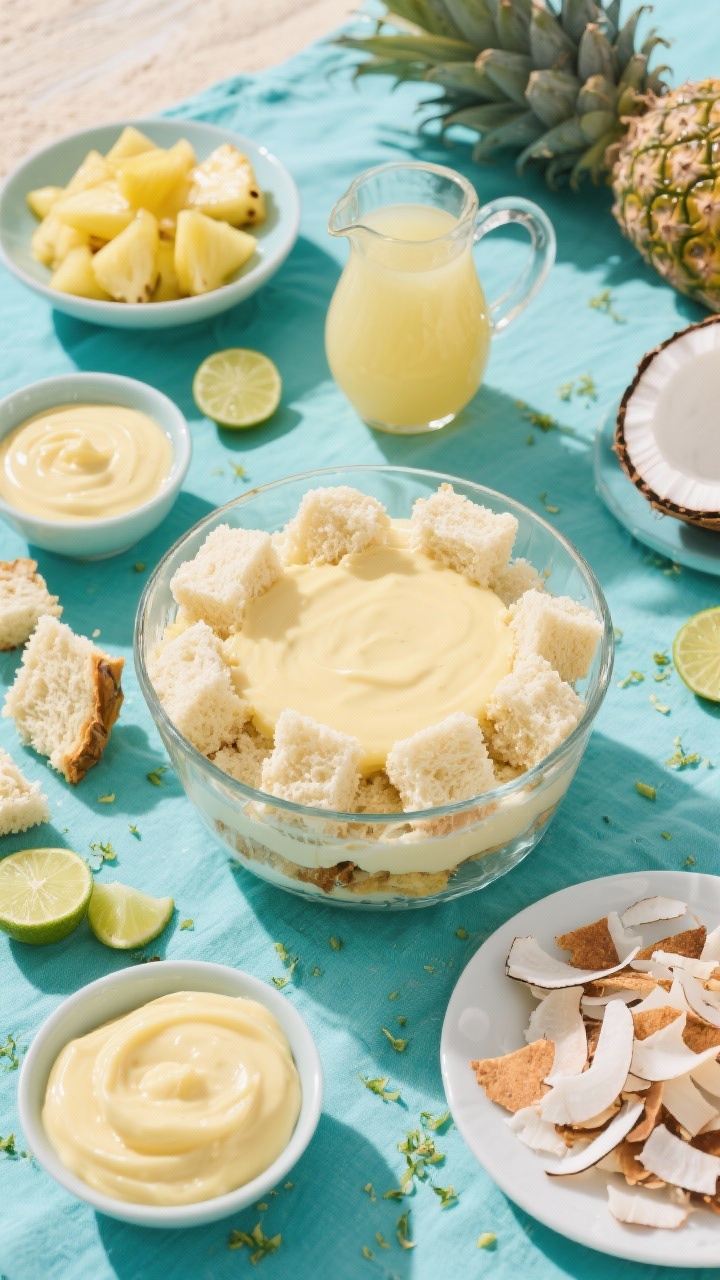 Overhead tropical ingredient-and-assembly flat lay for a Holiday Tropical Trifle: torn angel food cake pieces, a small pitcher of pineapple juice, bowls of vanilla custard and coconut pudding, fresh pineapple tidbits and toasted coconut flakes ready to fold in for extra texture. Arrange a clear serving bowl partially filled with the first layer to show the airy cake and pale golden custard. Bright, sunlit scene with aqua linen and lime zest scattered for a beachy vibe.