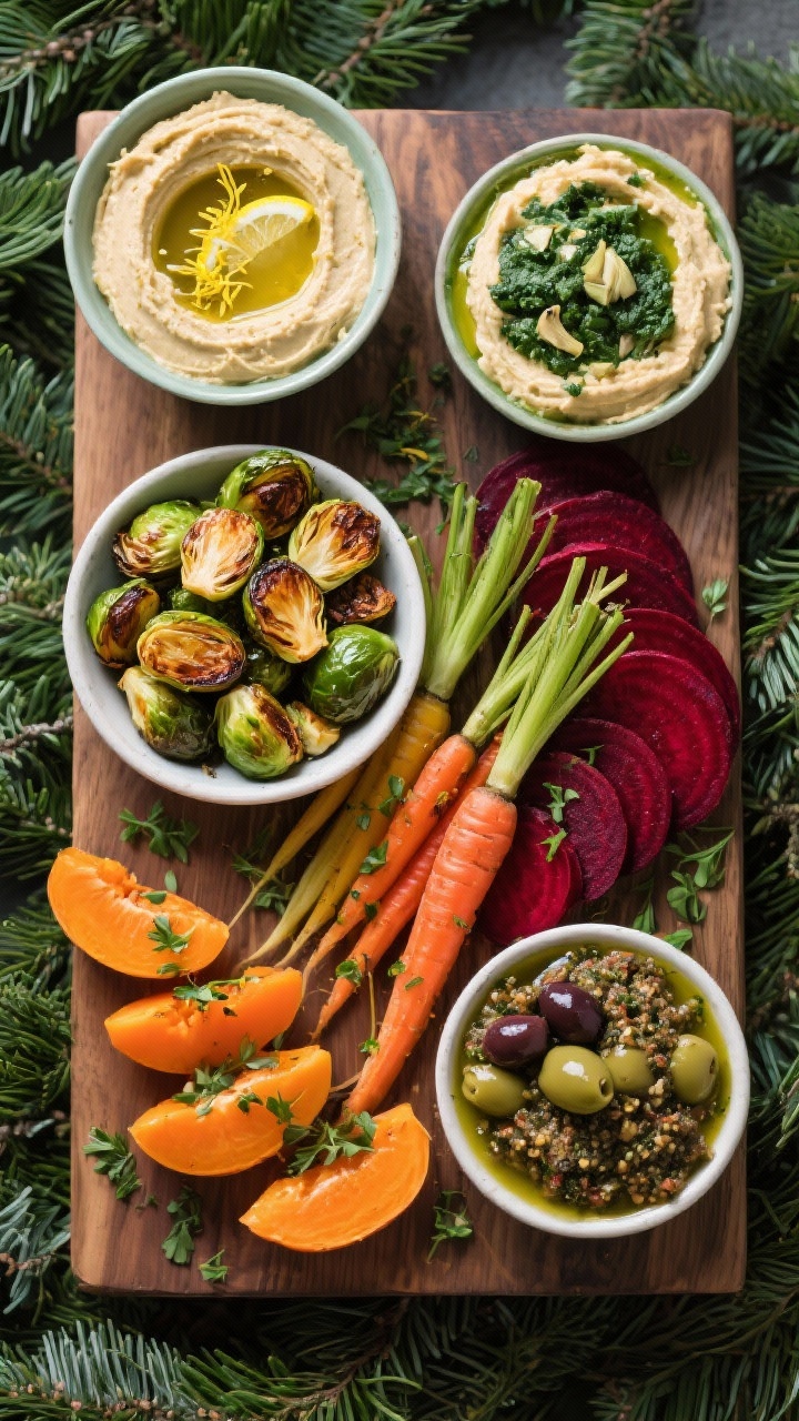 15 Festive Christmas Charcuterie Board Ideas for Holiday Parties That Wow Overhead vegan evergreen board with herby tones: bowls of whipped lemon-zest hummus, vegan spinach-artichoke dip, and olive tapenade; roasted Brussels sprouts, rainbow carrots, and beets arranged in green-to-red gradients; persimmon wedges adding orange pop; sprinkled herbs; fresh, bright, plant-forward color and crisp roasted edges.