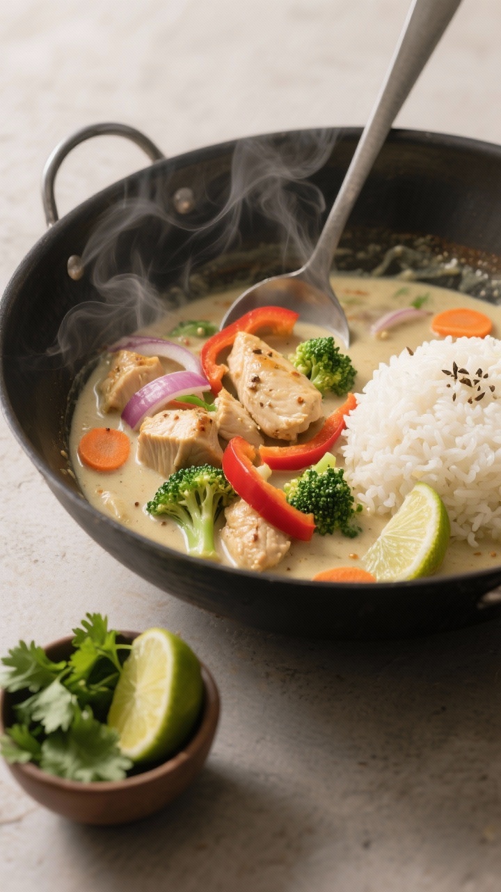 Overhead wok shot of cozy chicken and veggie coconut curry: bite-size chicken breast pieces simmering in creamy coconut milk with sliced onion, red bell pepper, broccoli florets, and thin carrot rounds; gentle curry hue with visible specks of spice, a slick of coconut oil on the surface. Ladle poised in the pan, lime wedges and fresh cilantro on the side, served over steamed jasmine rice in a small bowl. Soft, cozy lighting with rising steam.