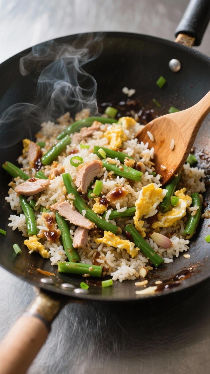 Overhead wok shot of Green Bean Casserole Fried Rice: day-old rice tossed with chopped green bean casserole, optional chopped leftover turkey, minced garlic, and scrambled egg ribbons. Soy sauce sheen and scattered scallions. A wooden spatula mid-stir, wisps of steam, dark wok set on a stainless surface.