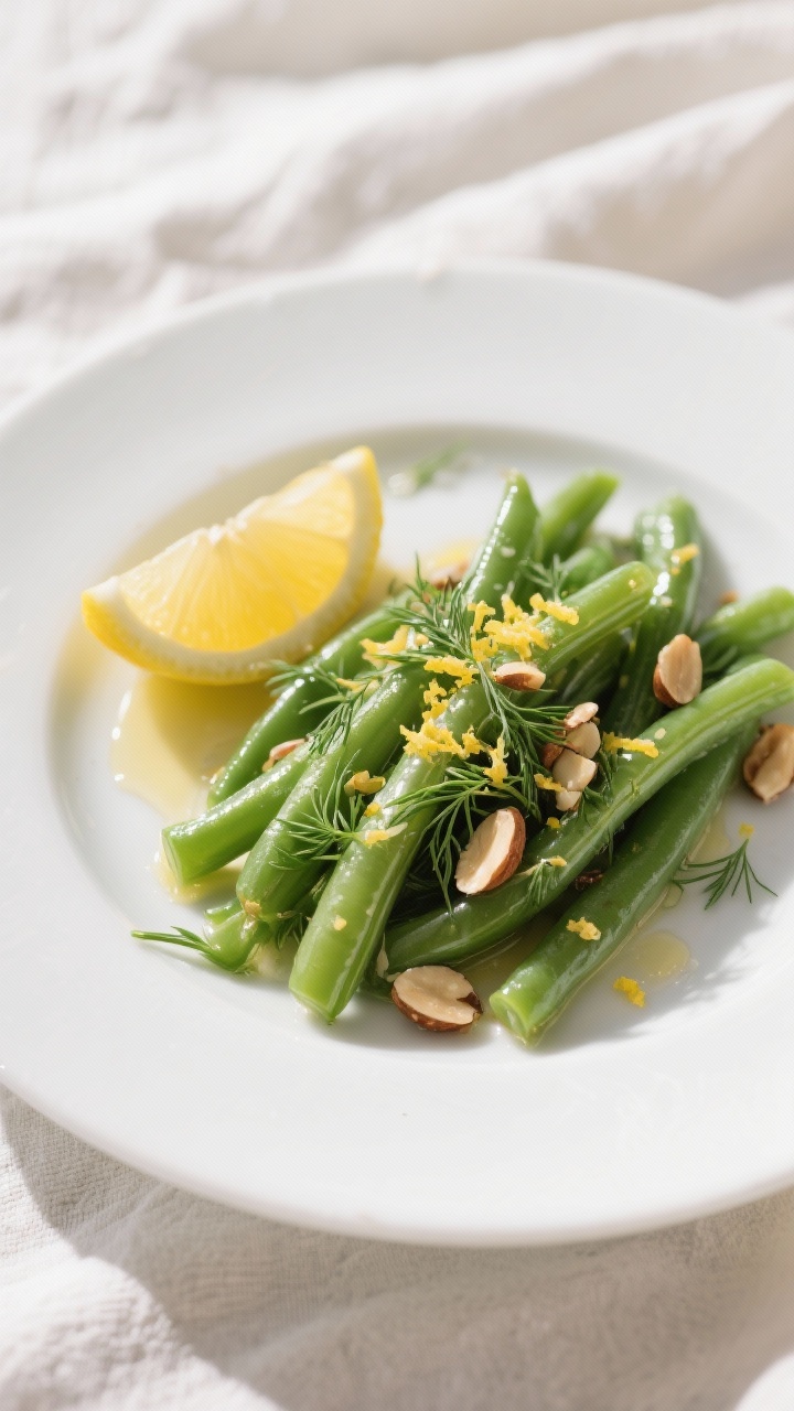 Plated, 45-degree bright shot of lemon-dill green beans: snappy green beans glistening with butter and olive oil, speckled with fresh dill and vivid lemon zest, toasted almond slivers sprinkled over; a wedge of lemon and a small drizzle of lemon juice pooling lightly on the plate, clean white plate on a light linen with airy, natural daylight for a crisp, fresh mood.