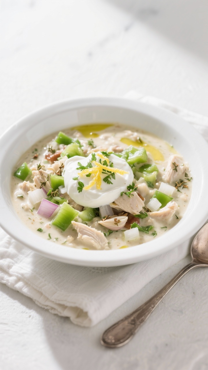 Plated, bright and fresh presentation of Lightened-Up Greek Yogurt White Chicken Chili: a wide, shallow white bowl filled with a creamy yet light chili enriched with Greek yogurt, showing diced onion, green bell pepper, minced garlic, cumin, coriander, and dried oregano. Garnish with a dollop of Greek yogurt, chopped fresh herbs, lemon zest, and a light olive oil drizzle for sheen. Clean, natural daylight, crisp whites and greens, healthful vibe, minimal props—just a spoon and linen napkin.