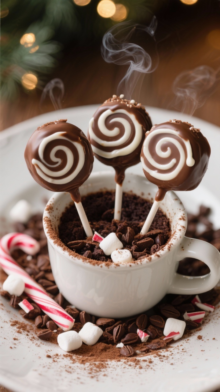 Plated, cozy holiday presentation at 45 degrees: Festive Hot Cocoa Peppermint Pops with Marshmallow Swirl. Chocolate cake blended with chocolate frosting and peppermint extract, swirled with ribbons of marshmallow creme for a marbled effect. Dipped in silky milk chocolate, then drizzled with more marshmallow creme and a dusting of cocoa powder; a few mini marshmallow bits and micro-candy cane shards as garnish. Arrange pops upright in a mug filled with cocoa nibs for styling, with steam-like wisps suggested by soft diffusion; warm, inviting tones and twinkle-light bokeh.