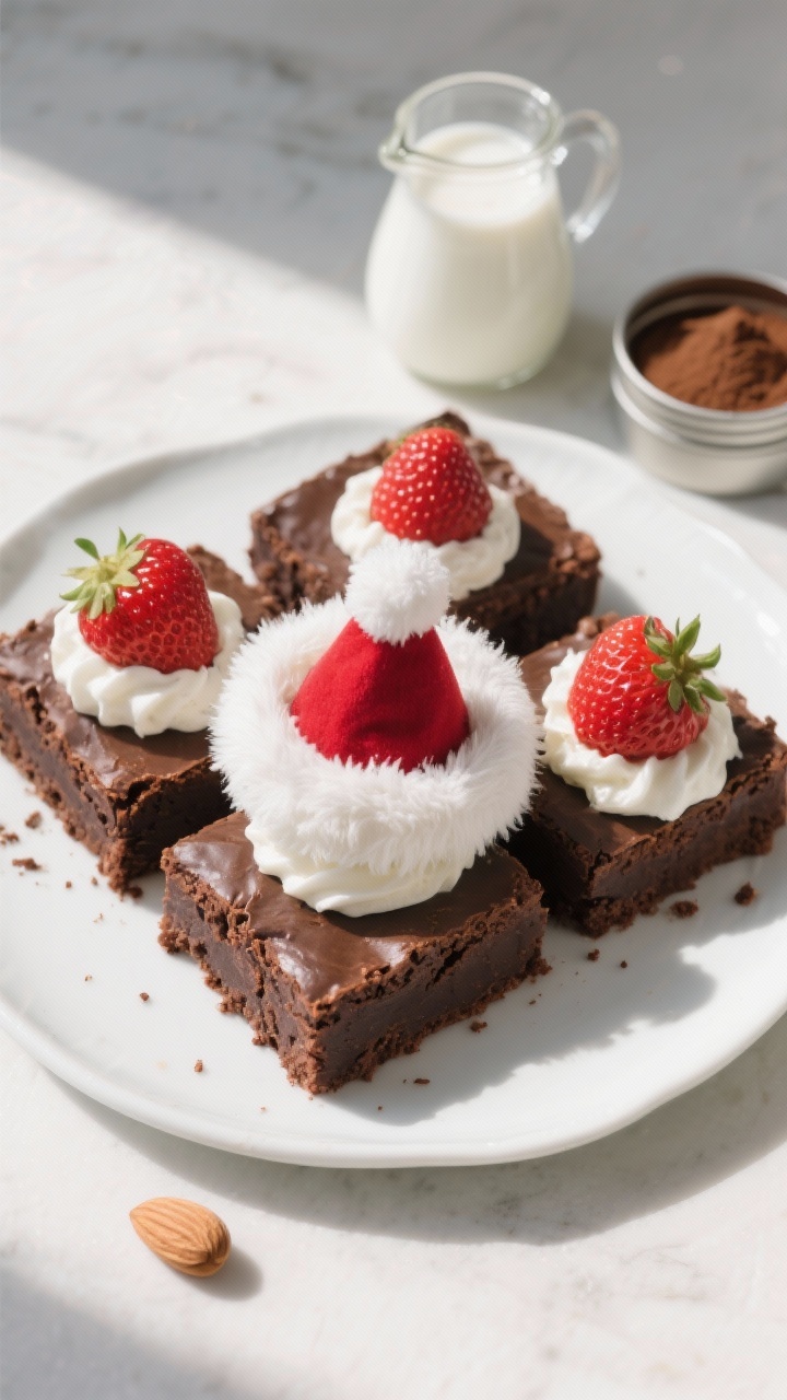 Plated final dairy-free vegan Santa Hat brownies on a white ceramic platter: deep-cocoa vegan brownie squares (flour, cocoa powder, granulated sugar, baking powder, baking soda, sea salt, neutral oil, almond milk) topped with a dairy-free whipped “fur” ring and bright strawberries as hats; a small jug of almond milk and a tin of cocoa powder off to the side; emphasize moist crumb and rich color despite being dairy-free; natural daylight with gentle shadows, minimal props for a modern, plant-based aesthetic.