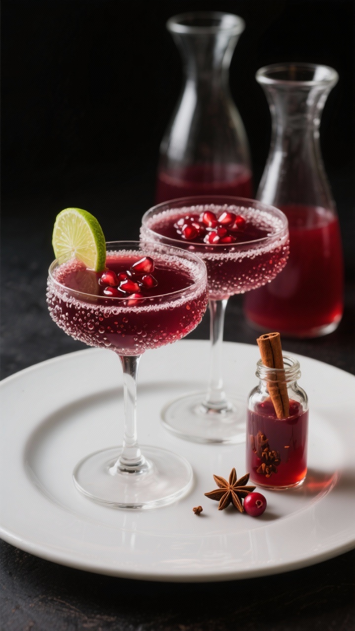 Non-alcoholic Thanksgiving Drinks for the Whole Family You’ll Crave All Season Plated final mocktail scene of a Toasted Pomegranate Spice Mocktail, straight-on shot: deep garnet drink in coupe glasses with fine bubbles from chilled sparkling water, a slim lime twist and a few pomegranate arils floating. A small bottle of spice-infused simple syrup (with visible cloves, cinnamon stick, and star anise inside), unsweetened cranberry juice and pomegranate juice in minimalist carafes in the background. Dark moody backdrop with rim light to make the crimson tones pop, high clarity on condensation and spice details, celebratory yet refined.