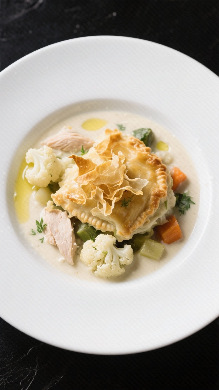 Plated, modern presentation of Lighter Chicken Pot Pie with Cauliflower Cream and Phyllo Crunch: shallow bowl with a velvety pale cauliflower cream sauce (cauliflower simmered in low-sodium chicken broth, milk, and olive oil) surrounding tender chicken and vegetables, topped with golden, wispy shards of crisp phyllo. Garnish with a drizzle of olive oil and a sprinkle of fresh herbs for color contrast. Minimalist white plate on matte black surface, bright, health-forward mood, clean highlights emphasizing lightness.