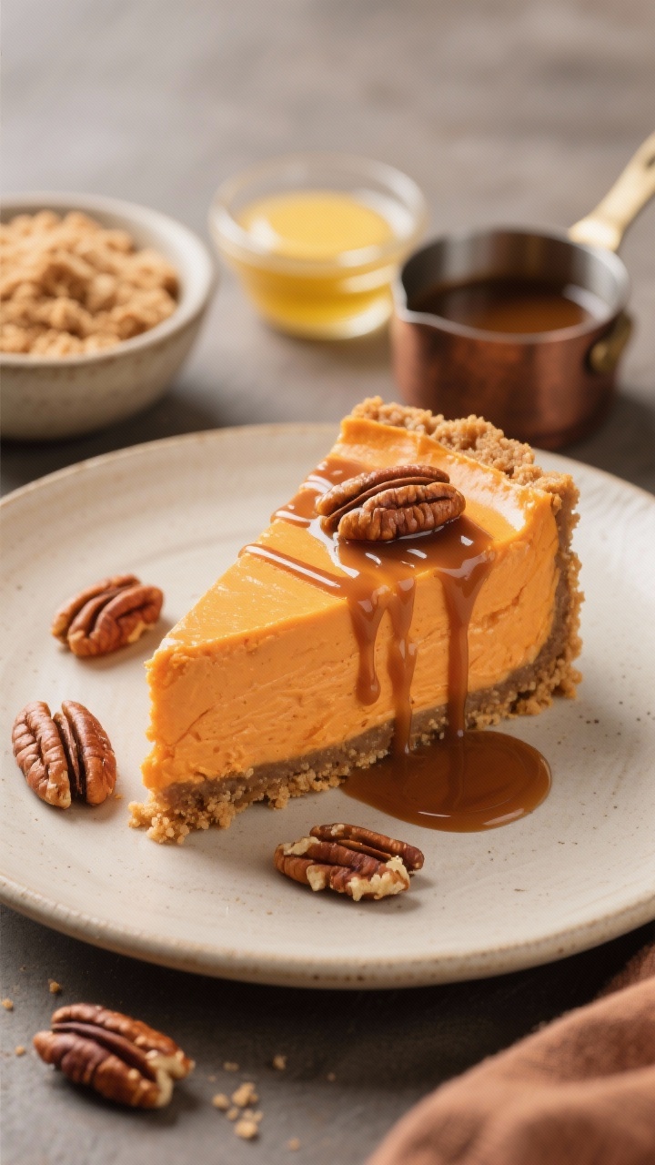 Plated presentation at 45 degrees of a velvety sweet potato cheesecake on a graham cracker crust, clean slice with creamy orange-hued filling from roasted mashed sweet potatoes; glossy pecan praline drizzle cascading over the top and pooling on the plate, toasted pecan pieces catching the light; background includes a bowl of graham cracker crumbs, melted butter, and a small saucepan of praline sauce; neutral ceramic plate, soft fall tones, high-end restaurant styling.