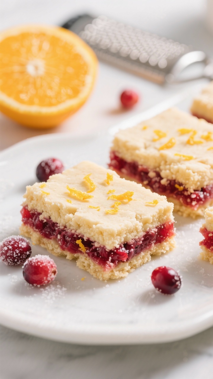 Plated presentation at a 45-degree angle of cranberry orange shortbread bars: neat squares with buttery pale crumble, vibrant ruby cranberry layer, and flecks of fresh orange zest on top; a zested orange and microplane in the background, a few sugared cranberries for garnish; bright, clean lighting to emphasize color contrast and crumbly texture.