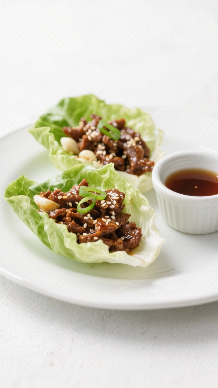 9 Leftover Ground Beef Dinners Ready in Under 20 Minutes You’ll Crave Plated presentation of 15-minute beef bulgogi lettuce cups: crisp butter lettuce leaves cradling glossy, soy-brown sugar–glazed ground beef scented with sesame oil, garlic, and ginger; garnished with sesame seeds and thinly sliced green onion, tiny ramekin of rice vinegar dipping sauce on the side, bright and fresh Korean-inspired styling on a white ceramic platter, clean background.