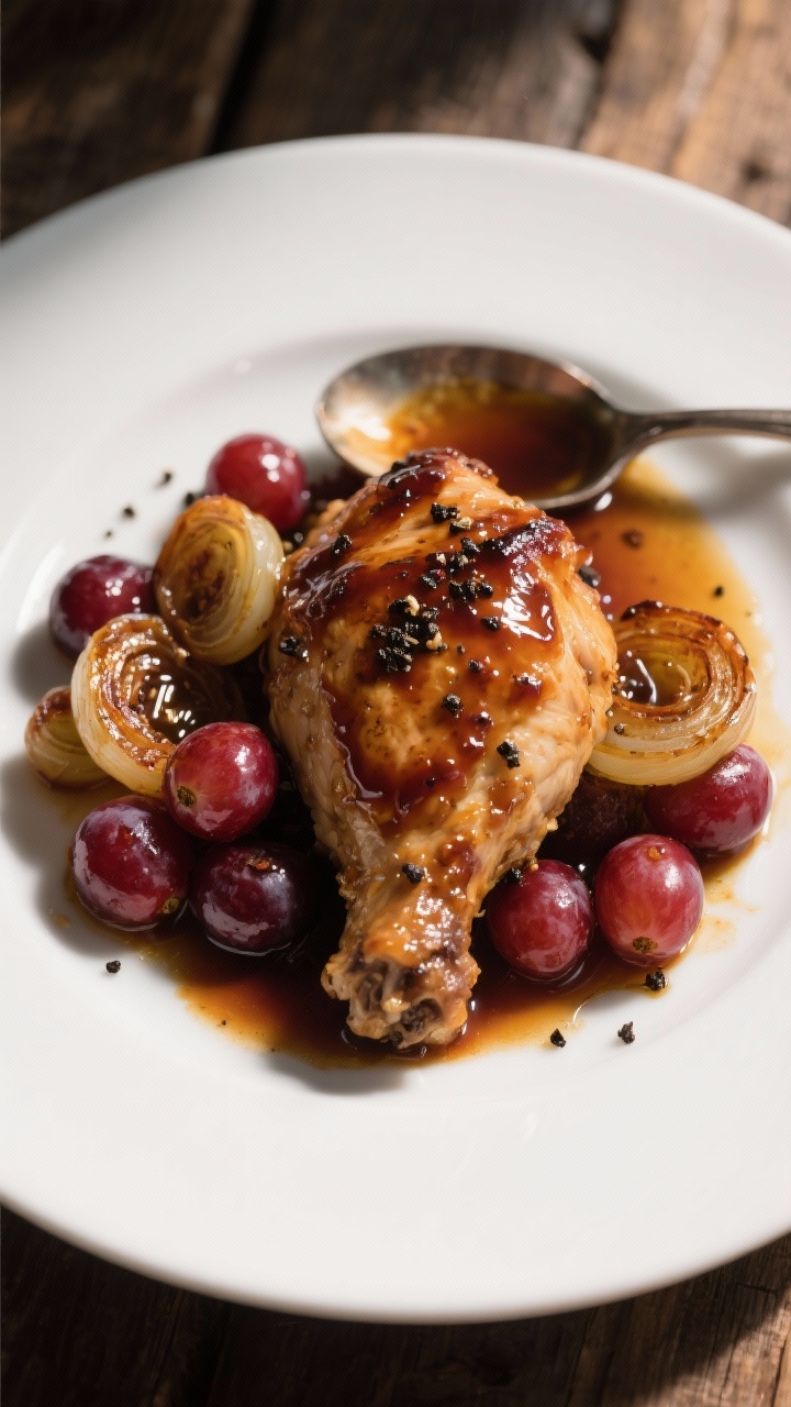 Plated presentation of balsamic chicken with roasted grapes and shallots: boneless chicken thighs glazed and sticky with reduced balsamic, nestled with burst seedless red grapes and thick rounds of caramelized shallots; olive oil shine and cracked black pepper sprinkled over; pan juices spooned onto the plate for a glossy finish; minimalist white plate on a rustic wood table, dramatic side light.