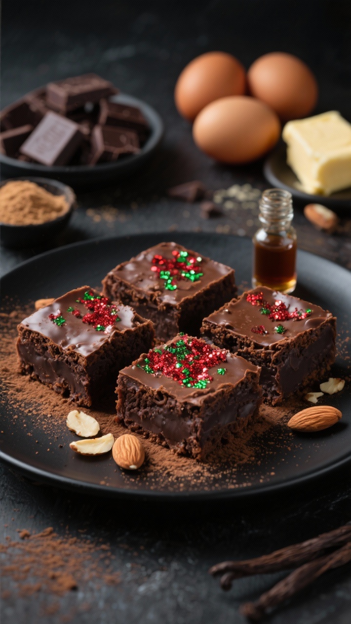 Plated presentation of gluten-free almond truffle brownies: dense, dark-chocolate squares (60–70% cocoa) with a truffle-like interior, edges cleanly cut, topped with red-and-green sparkles. Serve on a matte black plate with a light dusting of cocoa and a few toasted almond slices to hint at the almond base. Include ingredient nods in background blur: dark chocolate chunks, unsalted butter, granulated and light brown sugar, three room-temperature eggs, and a small bottle of vanilla extract. Rich, luxurious lighting to emphasize the velvety crumb and festive contrast.