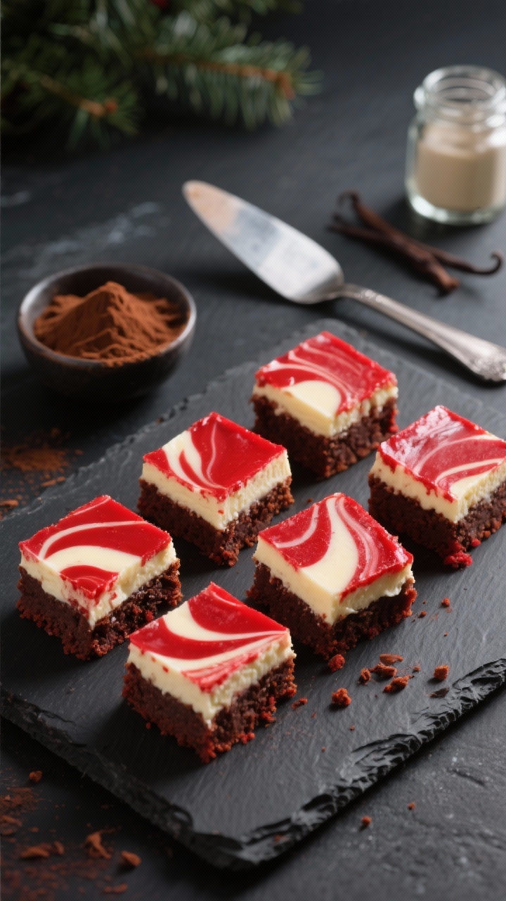 Christmas Brownie Bites That Are Perfect for Parties (and Disappear Fast) Plated presentation of Red Velvet Cheesecake Brownie Bites that steal the spotlight: vivid red velvet brownie base marbled with creamy cheesecake swirls, clean square bites arranged on a black slate with a few artful crumbs; a small bowl of cocoa powder and a jar of vanilla in the background to hint at flavor, with a silver offset spatula showing neat edges; high-contrast, bright directional light to pop the red hue and the silky cheesecake texture, minimalistic holiday styling for an elegant, celebratory feel.