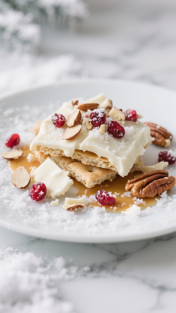 Plated presentation of White Chocolate Almond-Pecan “Snowdrift” with Cranberry Sparkle: broken shards of cracker toffee layered with a silky white chocolate blanket (melted high-quality white chocolate), honey-kissed butter–granulated sugar caramel beneath, a touch of fine sea salt, scattered toasted sliced almonds and chopped pecans, and ruby dried cranberries glinting on top; arranged on a matte white plate over cool marble, cool wintery color palette, soft diffused light, delicate crumbs and cranberries artfully scattered for a festive, snowy effect.