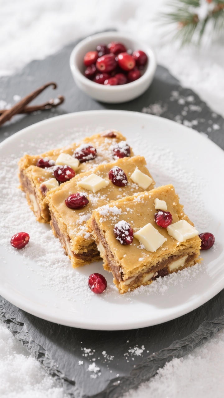 Plated presentation of White Chocolate Cranberry Blondie-Brownie squares on a matte white plate, 45-degree angle: golden blondie crumb from brown sugar and melted butter, studded with creamy white chocolate chunks and jewel-red cranberries, a light “snowy” dusting of powdered sugar on top; served on a cool slate board with a small bowl of extra dried cranberries and vanilla nearby; bright, clean daylight to enhance the snowy, crowd-pleasing holiday vibe.