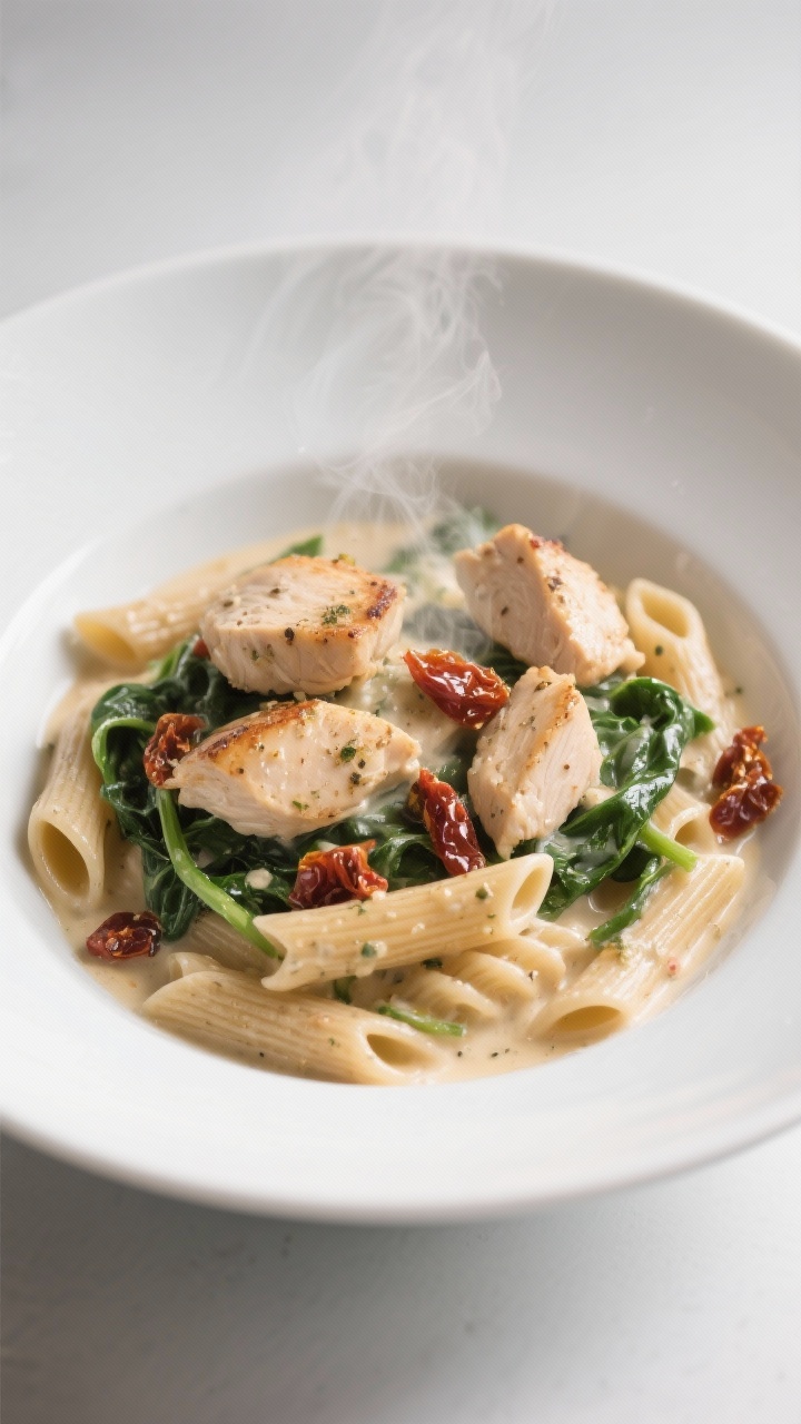 Plated, straight-on glamour shot: Creamy Tuscan chicken pasta made lighter, short whole-wheat pasta (penne/rotini) coated in silky sauce, bite-size chicken pieces seared, ribbons of wilted spinach, sun-dried tomato bits, and a touch of Italian seasoning visible; steam rising subtly, sauce clinging to grooves; served in a wide white bowl with a minimal olive oil gloss, clean background for a modern Italian feel.