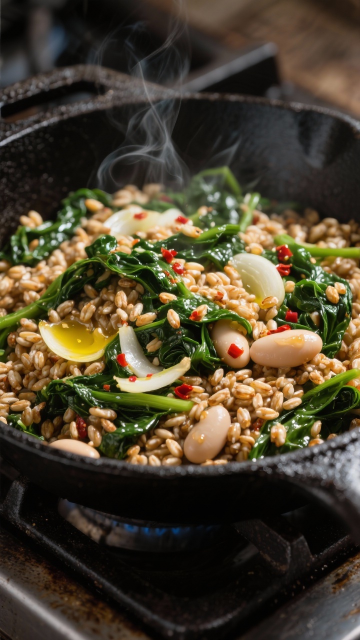 Process close-up at pan level of a toasted farro and greens skillet: pearled farro glistening after toasting, ribbons of sautéed greens just wilted, thinly sliced garlic visible with lightly golden edges, flecks of crushed red pepper, and creamy cannellini beans folded in; a drizzle of olive oil catching light; steam subtly rising; shot in a black cast-iron skillet on a rustic stovetop, emphasizing texture contrast between chewy grains, silky greens, and tender beans.