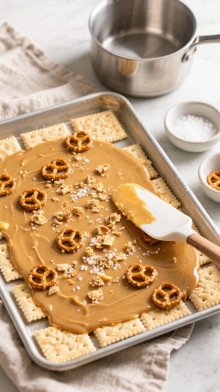 Process-focused overhead flat lay of Salted Pretzel Crunch Toffee in mid-assembly: a rimmed sheet pan lined with saltine crackers, a just-poured golden toffee (unsalted butter, granulated sugar, a touch of light corn syrup) spreading thinly, crushed salted pretzels and flaky sea salt ready in small bowls at the side, a spatula trailing through the toffee; neutral linen and a stainless saucepan in frame; bright, natural light to capture snap and sheen.