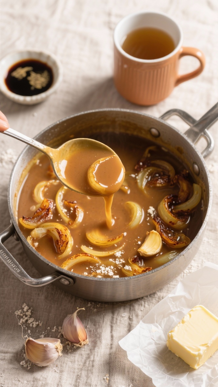 Process-focused overhead shot of Make-Ahead Turkey Gravy with Caramelized Onion and Roasted Garlic in a saucepan: deeply caramelized yellow onions scattered through velvety gravy, speckled with flour-sheen richness, and a squeeze of roasted garlic cloves visible as soft golden paste. A ladle lifting the glossy gravy to show nappe consistency, with a warm mug of turkey or chicken stock nearby, a small dish of soy sauce or tamari, and a pat of unsalted butter on parchment. Neutral linen underlay, soft top light emphasizing the gravy’s satiny surface and amber-brown color.