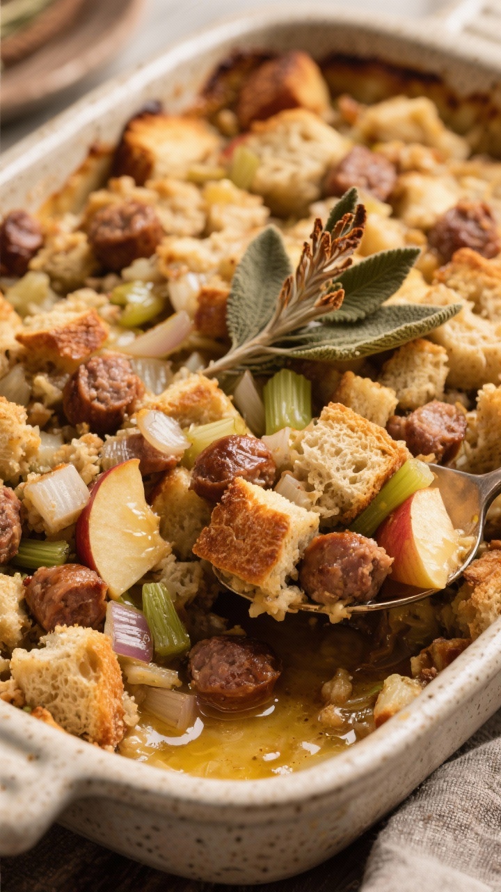 Rustic 45-degree casserole scene: sausage, apple, and sage stuffing baked in one dish. Golden, craggy bread cubes (day-old country bread) studded with browned mild Italian sausage, diced onion, celery, and visible apple chunks; melted butter sheen at the edges. Fresh sage leaves tucked on top, browned, with crispy peaks and soft interior visible where a serving spoon has lifted a portion. Warm, cozy lighting on a stoneware baking dish.